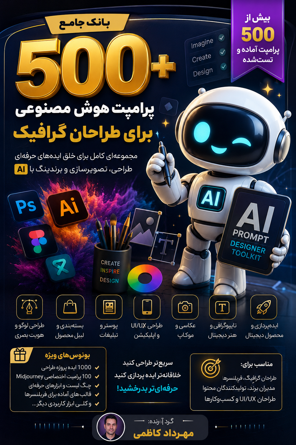 بانک جامع 500+ پرامپت هوش مصنوعی برای طراحان گرافیک (AI Graphic Design Prompt Pack)