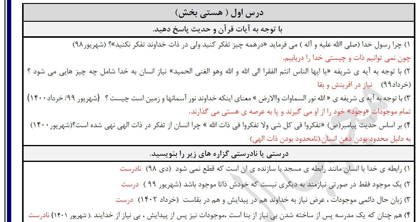 سوالات طبقه بندی شده دینی دوازدهم